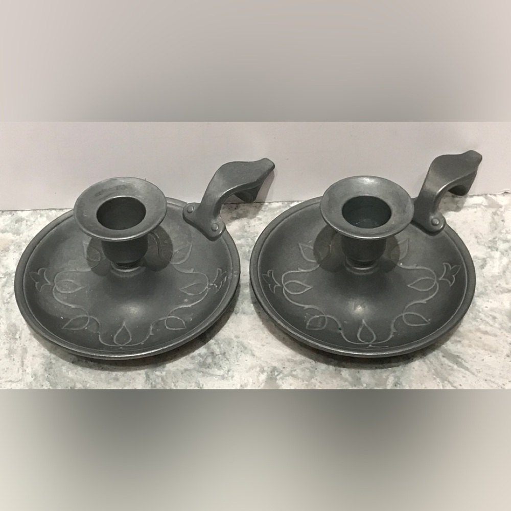 FullerCraft Model #40A Vintage 1950's Pewter Candle Holders w/Handle Set Of 2